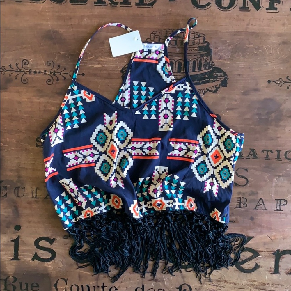 Patterned crop top with fringe